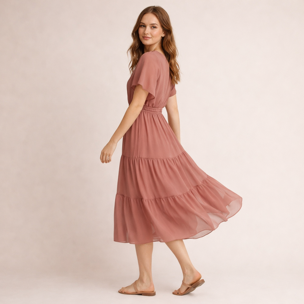 Dusty Rose Gestuftes Chiffon-Midikleid