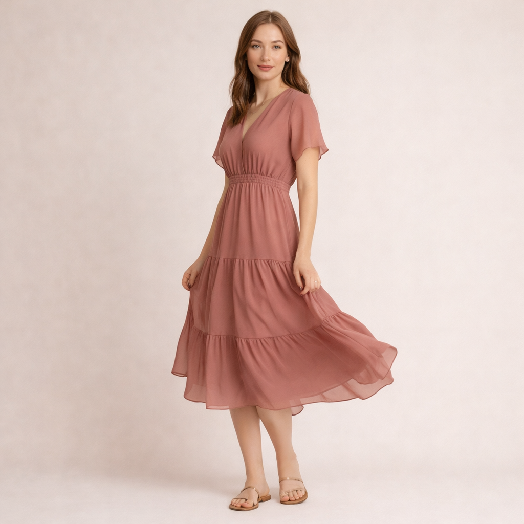 Dusty Rose Gestuftes Chiffon-Midikleid