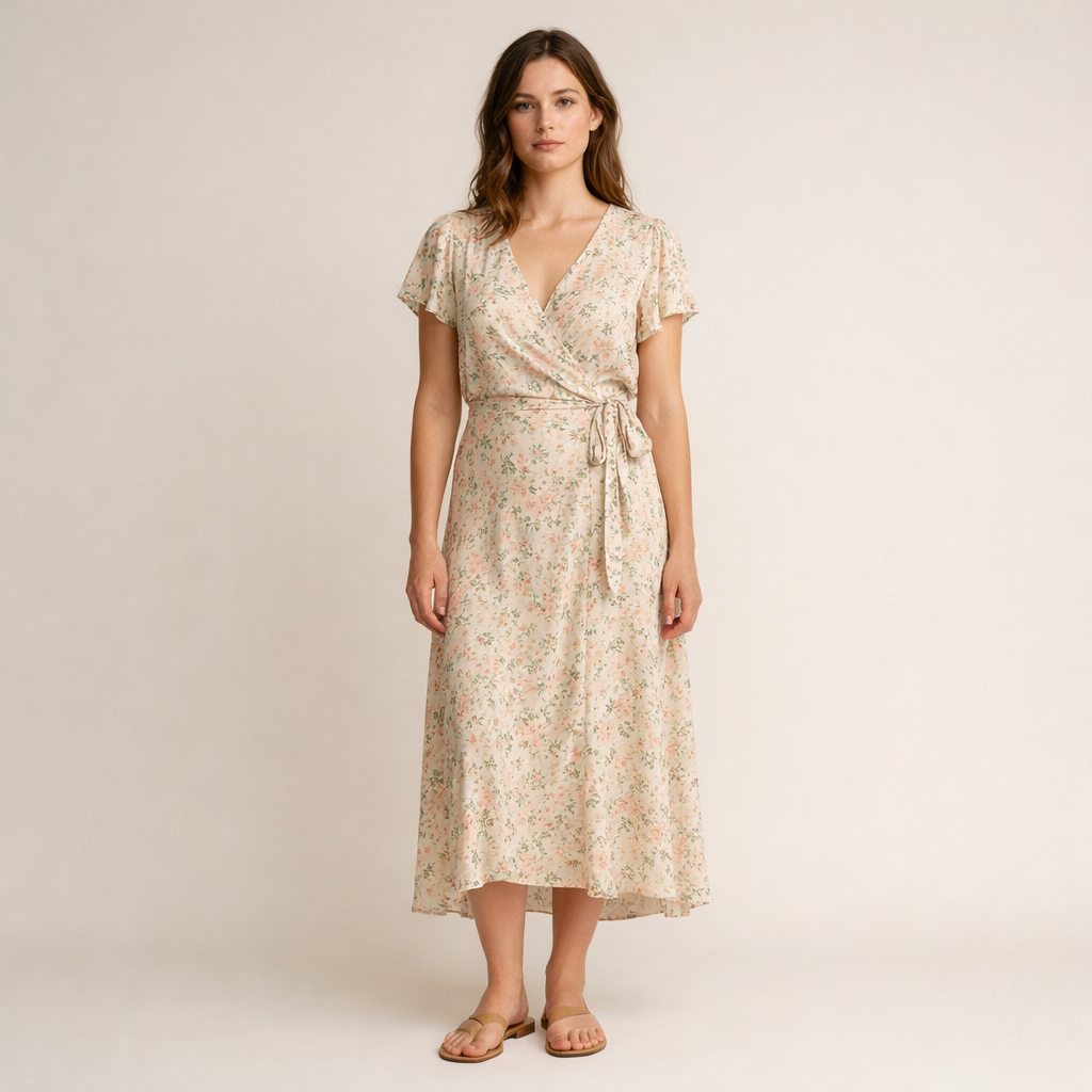 Cremefarbenes Wickelkleid mit Blumenmuster und Bindegürtel