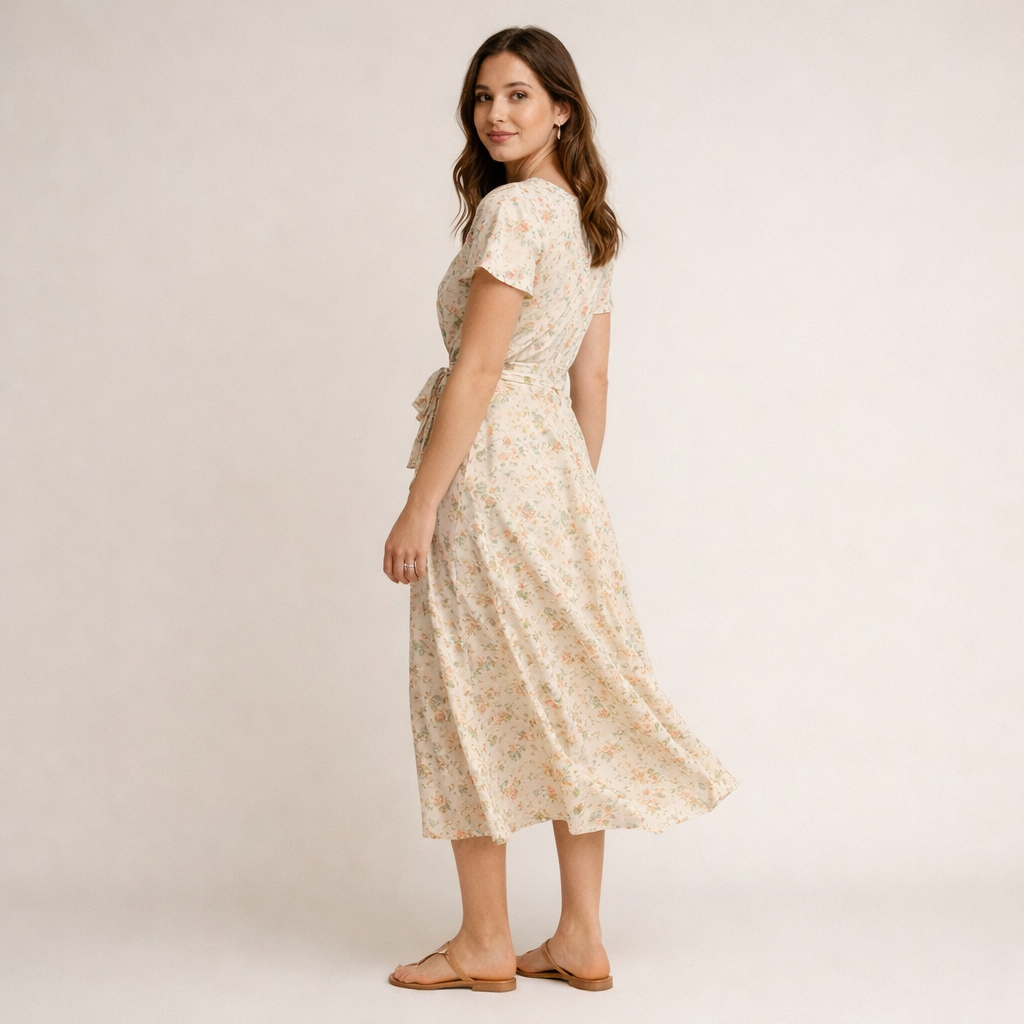 Cremefarbenes Wickelkleid mit Blumenmuster und Bindegürtel