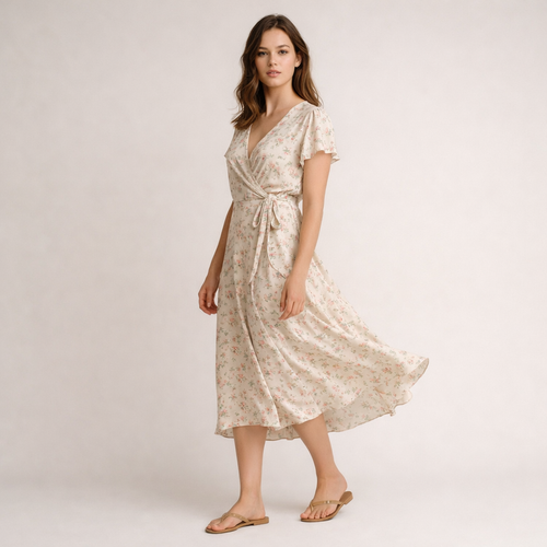 Cremefarbenes Wickelkleid mit Blumenmuster und Bindegürtel