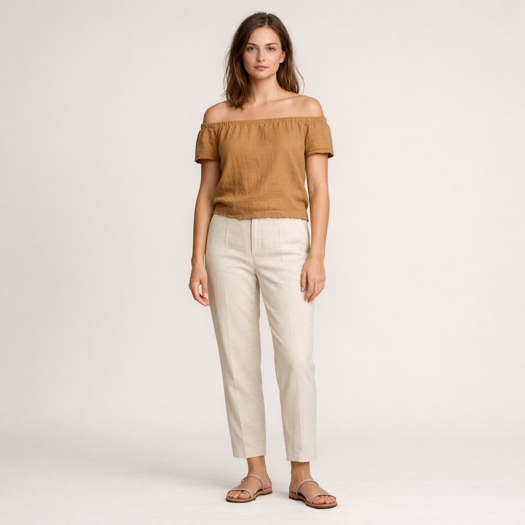 Karamellbraunes Off-Shoulder-Top aus Leinen mit elastischem Ausschnitt
