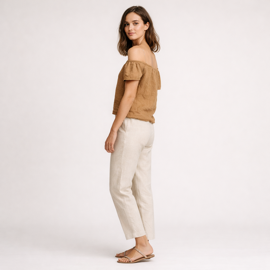 Karamellbraunes Off-Shoulder-Top aus Leinen mit elastischem Ausschnitt