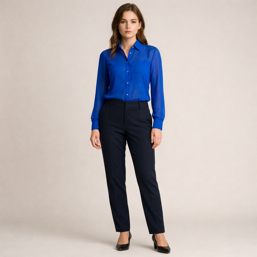 Royalblaue transparente Chiffon-Bluse mit klassischem Hemdkragen und Knopfleiste