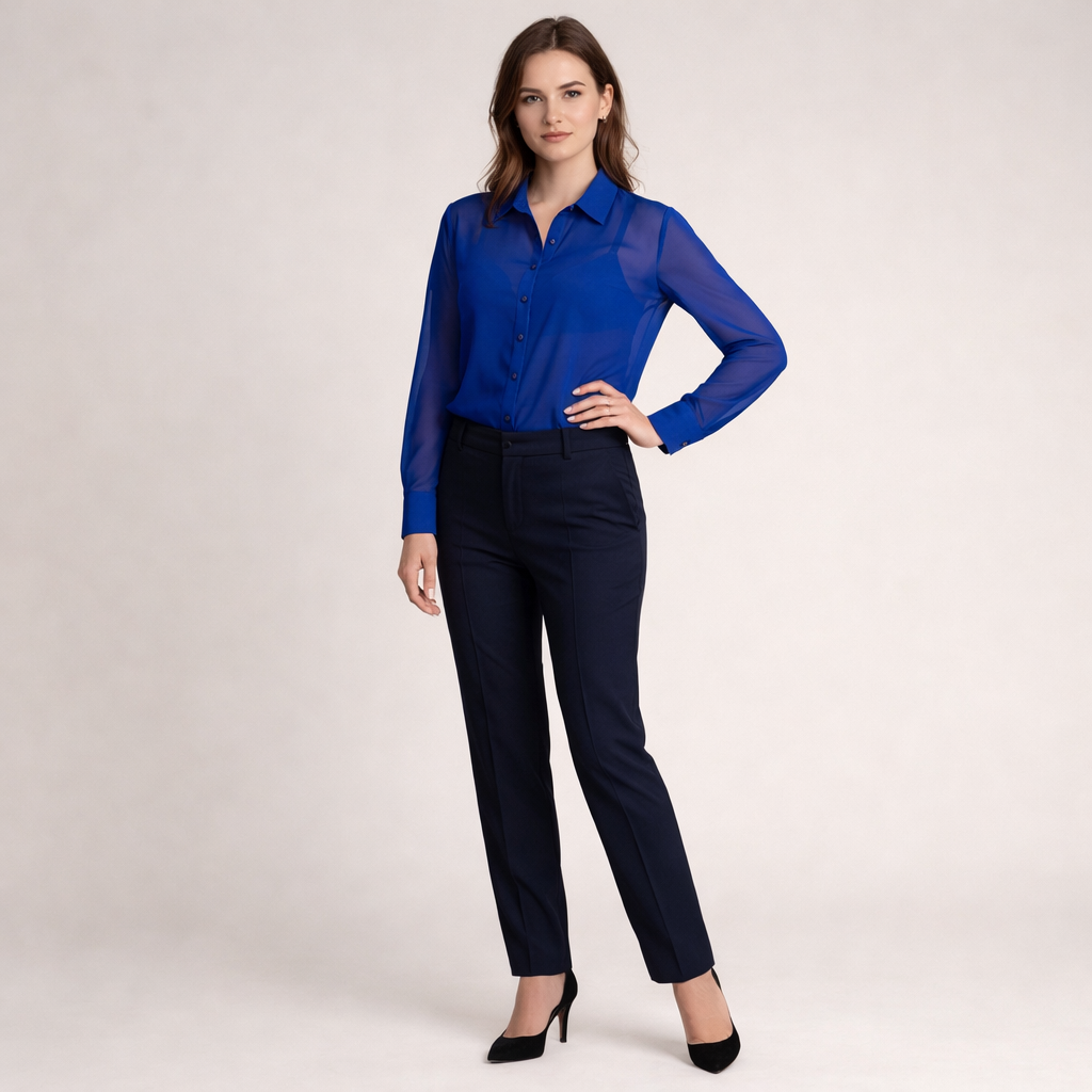 Royalblaue transparente Chiffon-Bluse mit klassischem Hemdkragen und Knopfleiste
