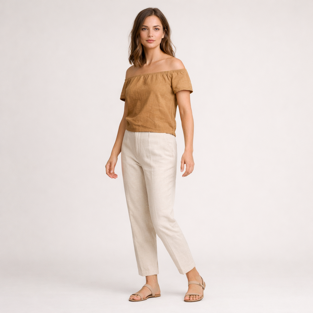 Karamellbraunes Off-Shoulder-Top aus Leinen mit elastischem Ausschnitt