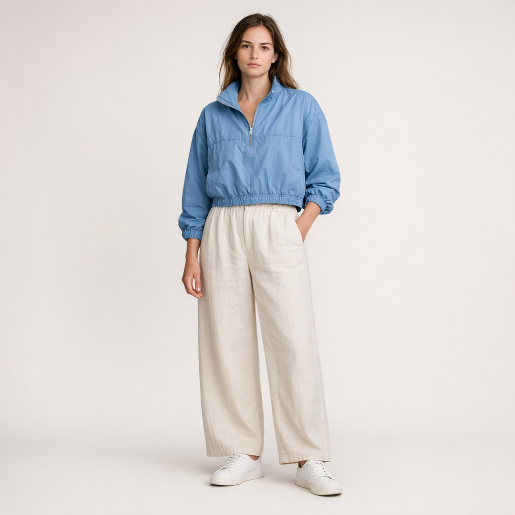 Hellblaue Cropped Windbreaker-Jacke mit Halbzipper und elastischen Bündchen