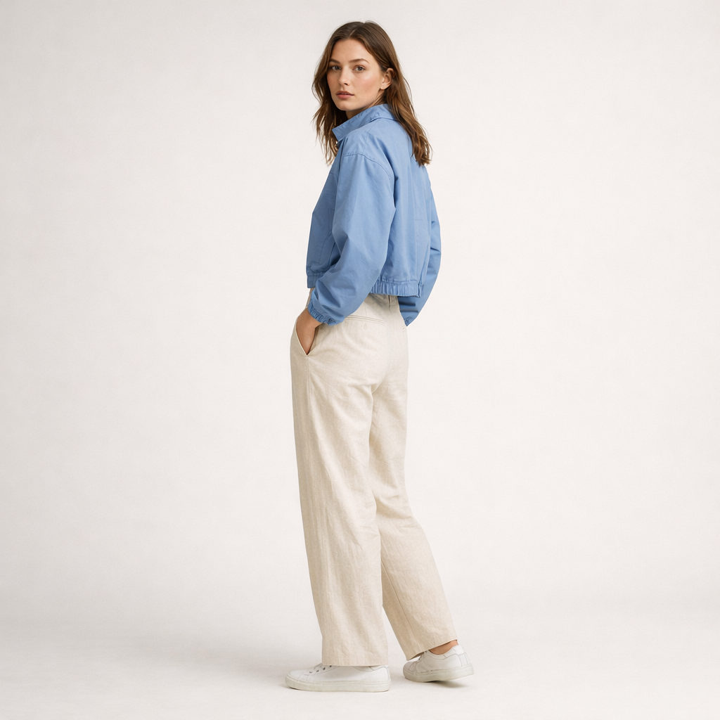 Hellblaue Cropped Windbreaker-Jacke mit Halbzipper und elastischen Bündchen
