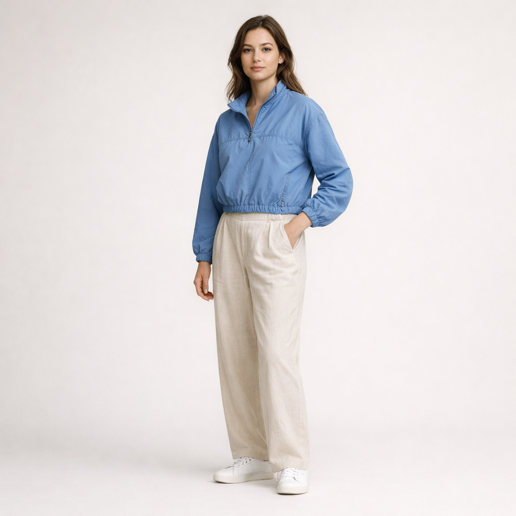 Hellblaue Cropped Windbreaker-Jacke mit Halbzipper und elastischen Bündchen