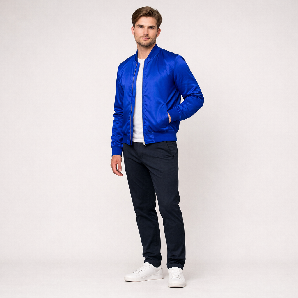 Royalblaue Herren-Bomberjacke aus Satin mit Reißverschluss und Rippbündchen