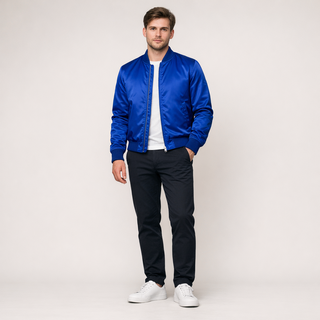 Royalblaue Herren-Bomberjacke aus Satin mit Reißverschluss und Rippbündchen