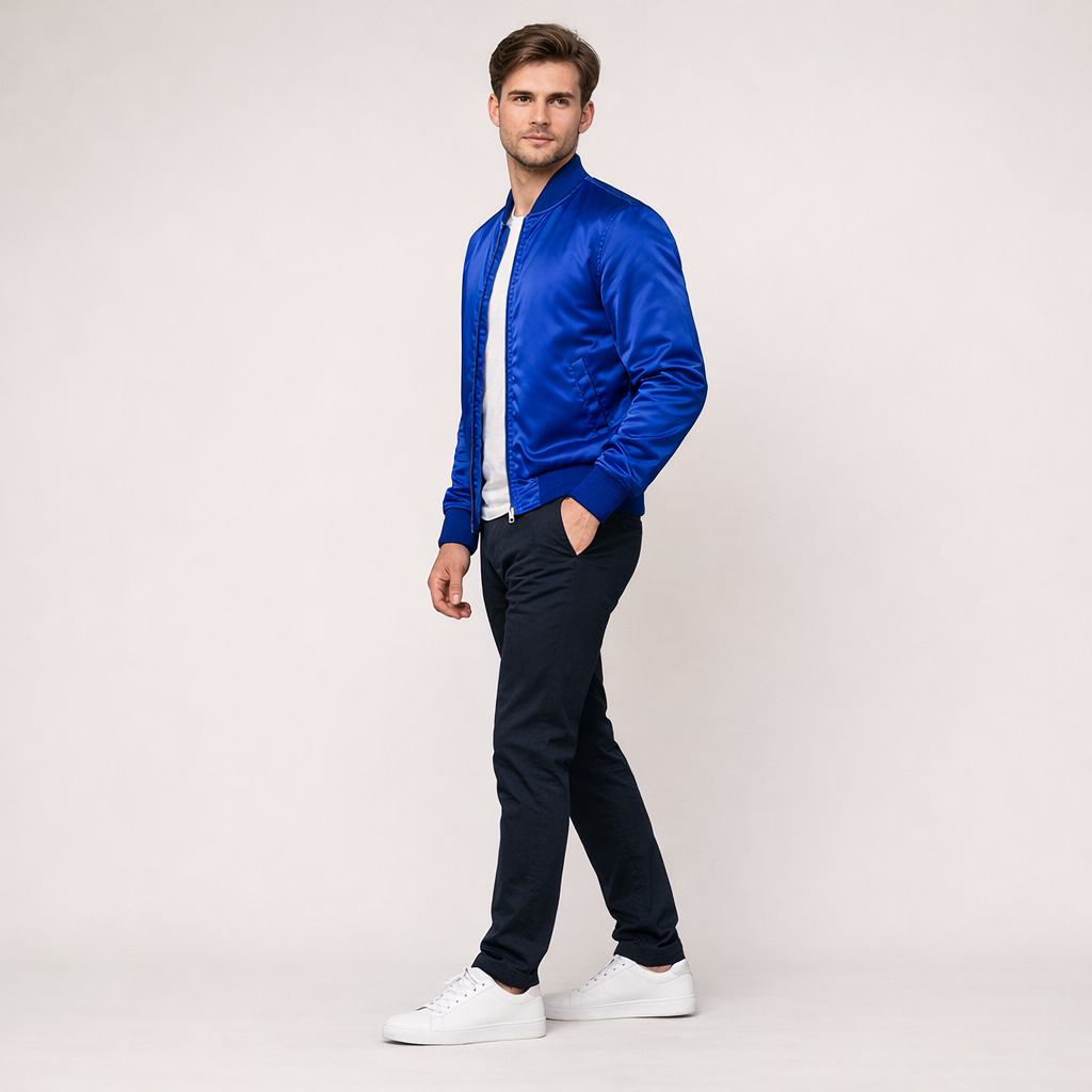 Royalblaue Herren-Bomberjacke aus Satin mit Reißverschluss und Rippbündchen