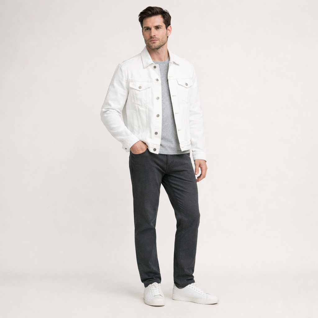 Weiße Herren-Jeansjacke im klassischen Trucker-Stil mit Metallknöpfen