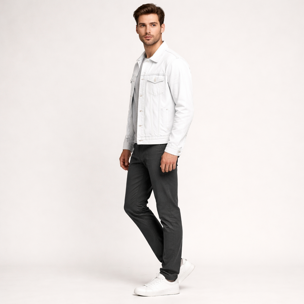 Weiße Herren-Jeansjacke im klassischen Trucker-Stil mit Metallknöpfen
