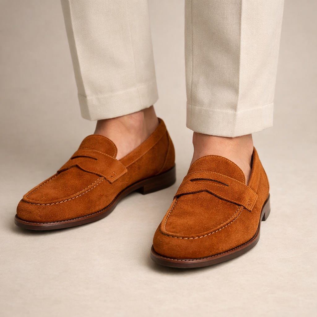 Herren Penny-Loafer aus cognacfarbenem Wildleder mit Ledersohlе
