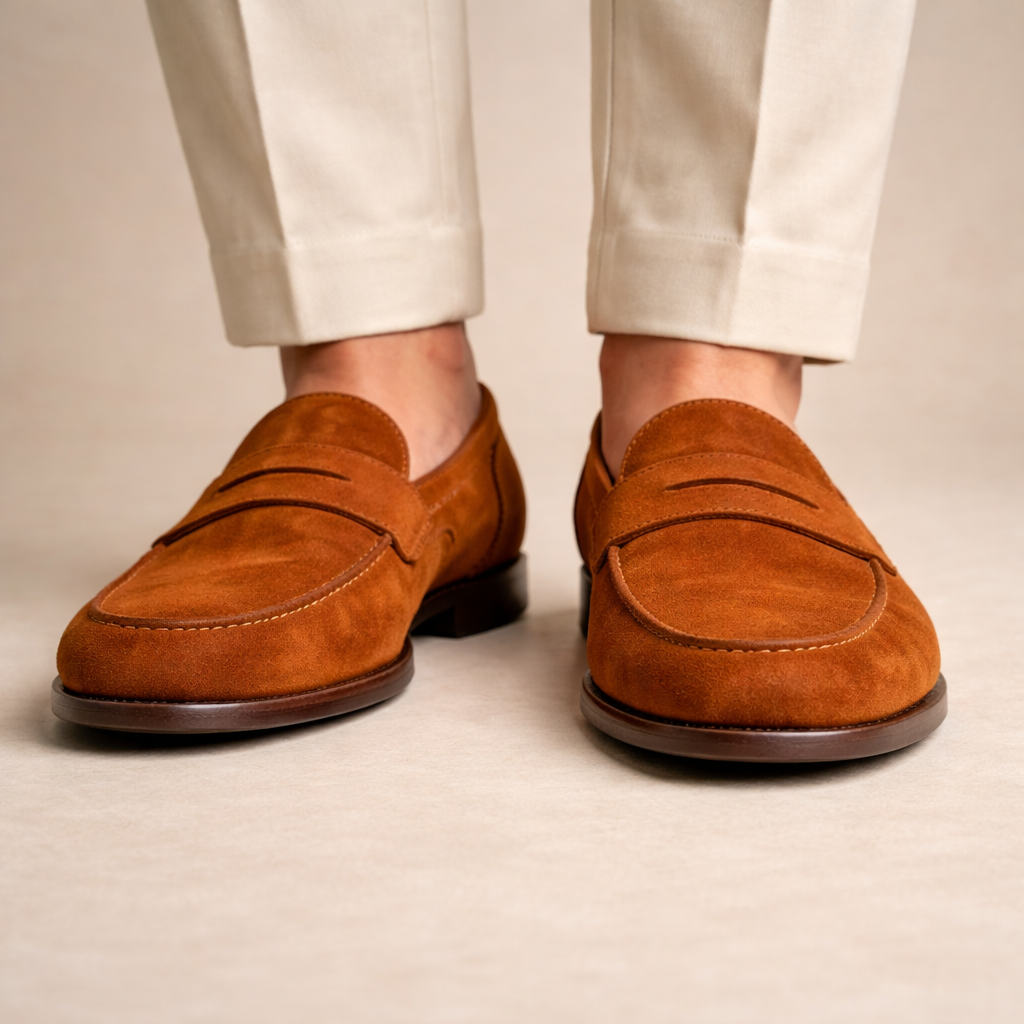 Herren Penny-Loafer aus cognacfarbenem Wildleder mit Ledersohlе