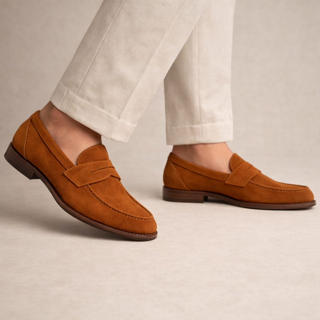 Herren Penny-Loafer aus cognacfarbenem Wildleder mit Ledersohlе
