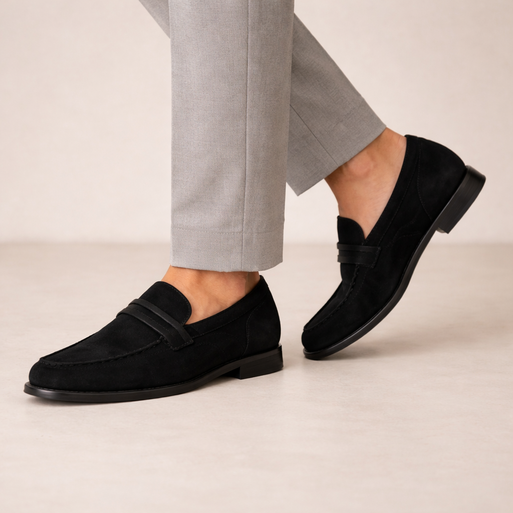 Herren Penny-Loafer aus schwarzem Wildleder mit schwarzer Ledersohle