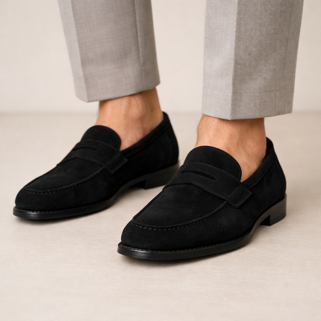 Herren Penny-Loafer aus schwarzem Wildleder mit schwarzer Ledersohle