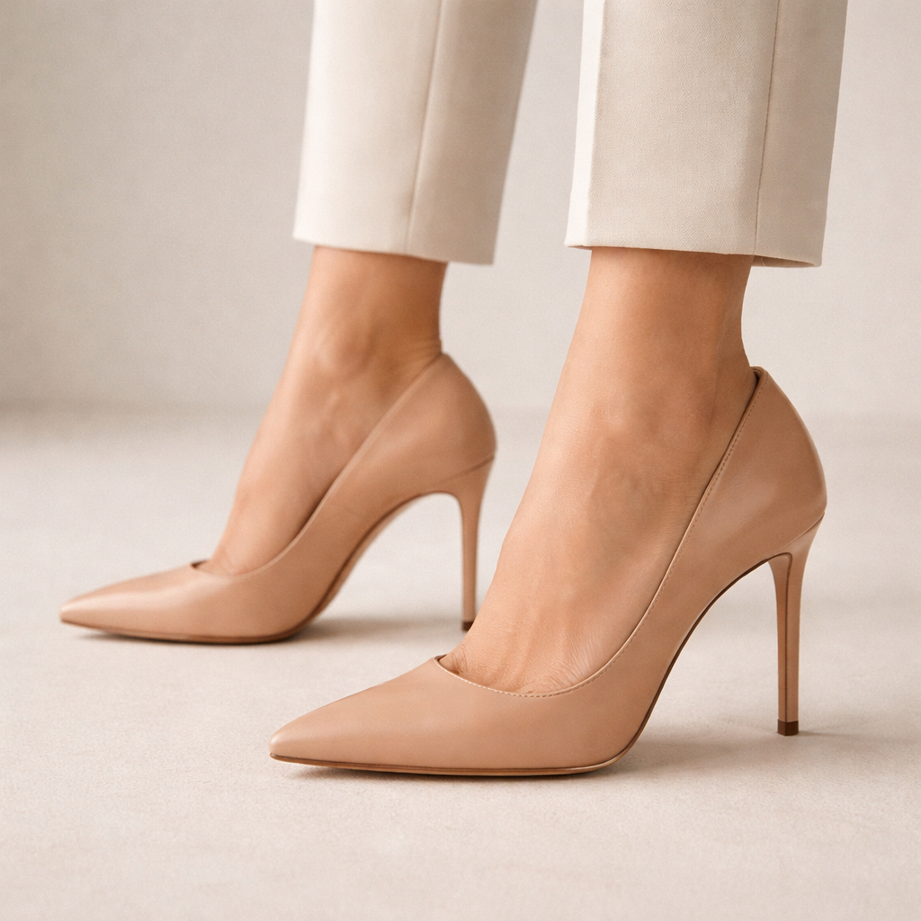 Damen Stiletto-Pumps in Nude aus glattem Leder mit spitzer Zehenpartie