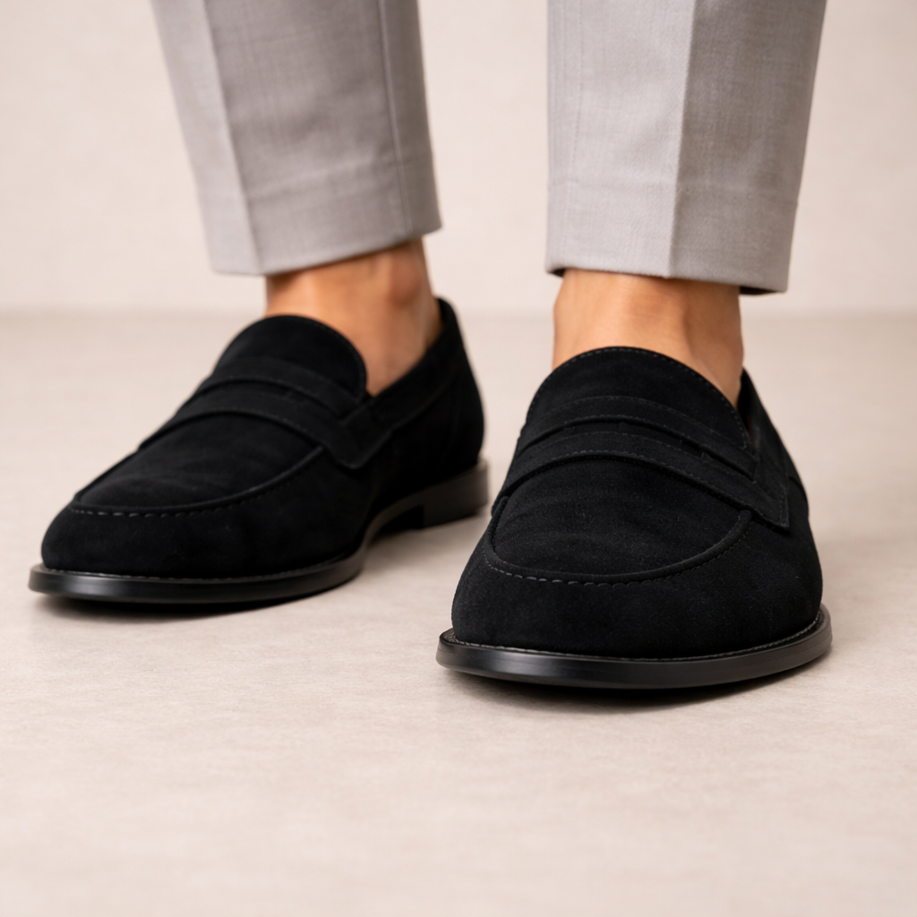 Herren Penny-Loafer aus schwarzem Wildleder mit schwarzer Ledersohle