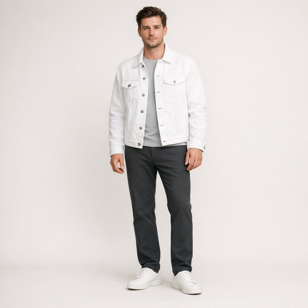 Weiße Herren-Jeansjacke im klassischen Trucker-Stil mit Metallknöpfen