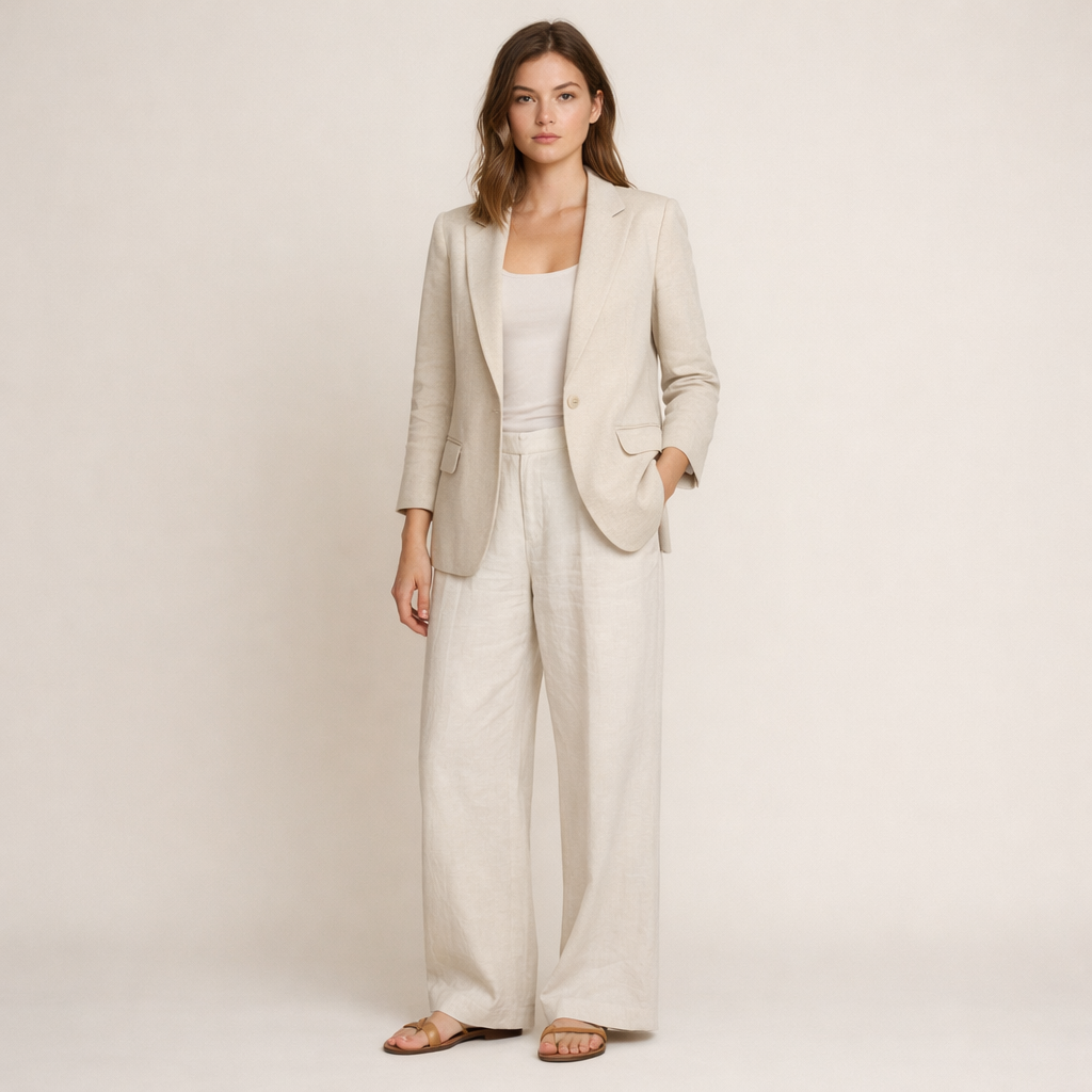 Beiger Leinenblazer mit klassischem Revers und Einknopfverschluss