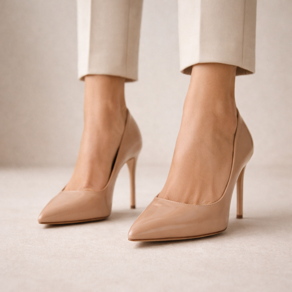 Damen Stiletto-Pumps in Nude aus glattem Leder mit spitzer Zehenpartie