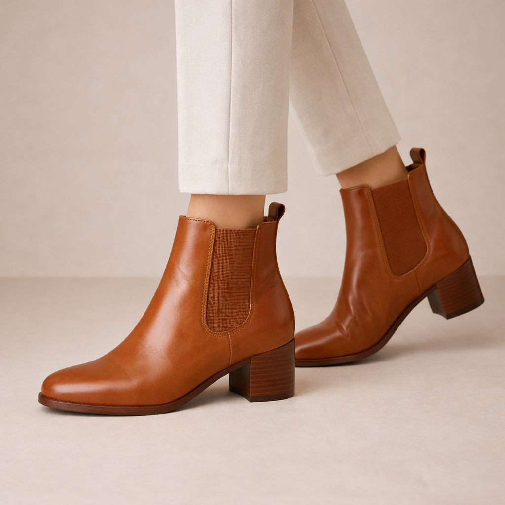 Damen Chelsea-Boots in Cognac aus glattem Leder mit Blockabsatz