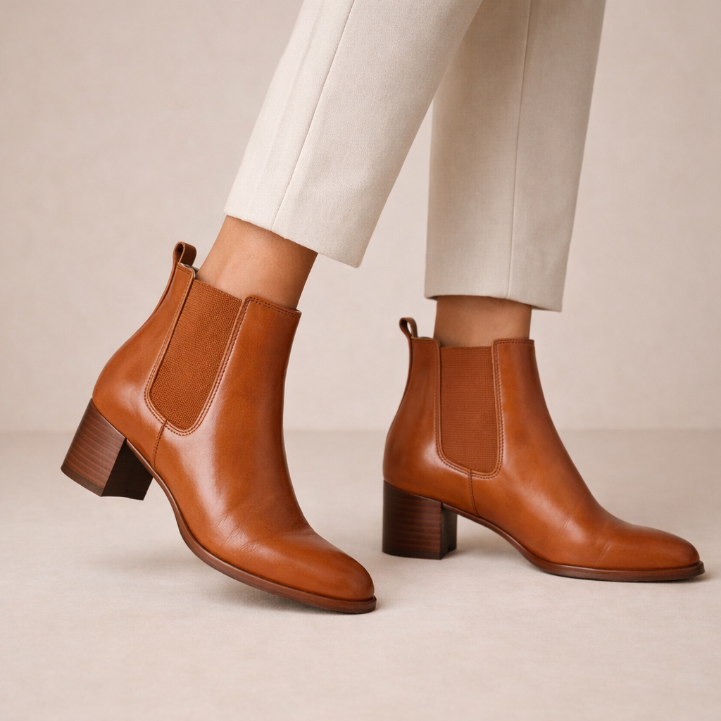 Damen Chelsea-Boots in Cognac aus glattem Leder mit Blockabsatz