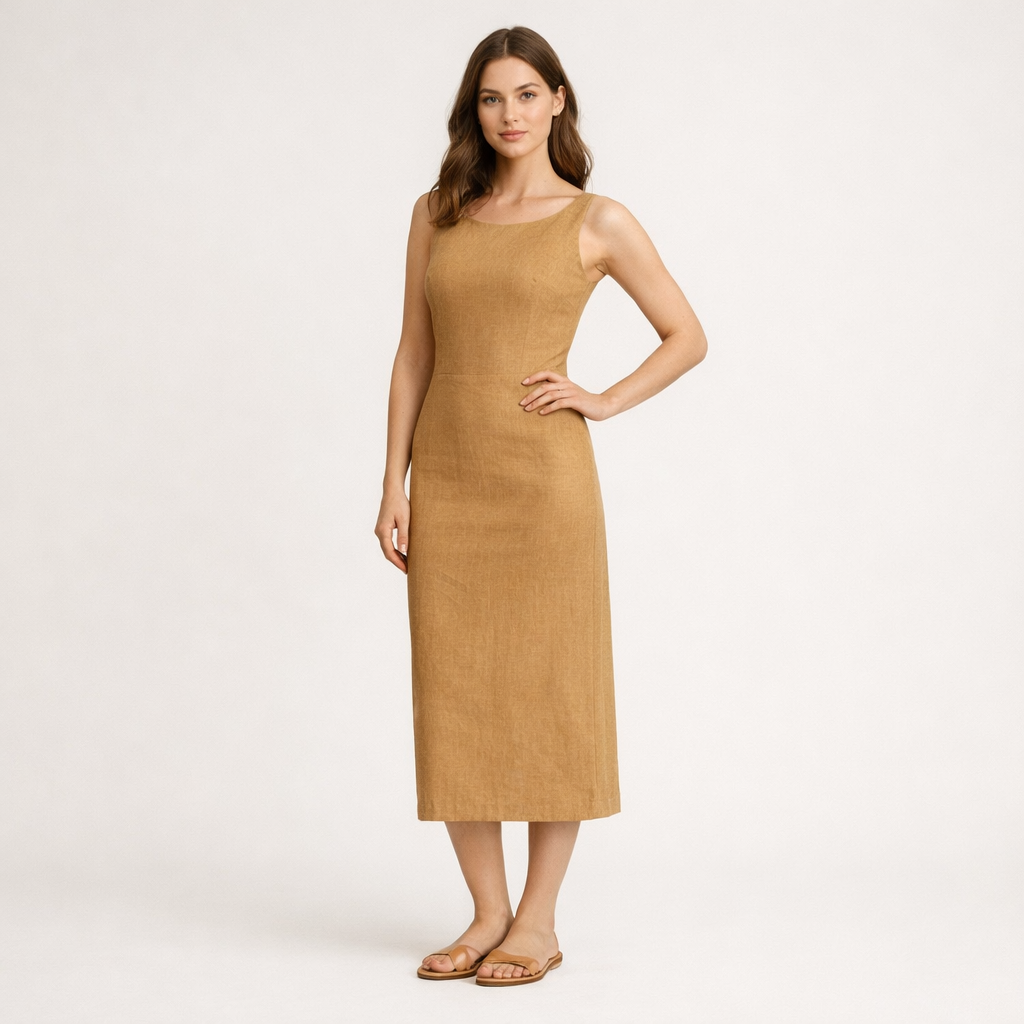 Figurbetontes Leinenkleid in Bronze mit rundem Ausschnitt und ärmellosem Schnitt