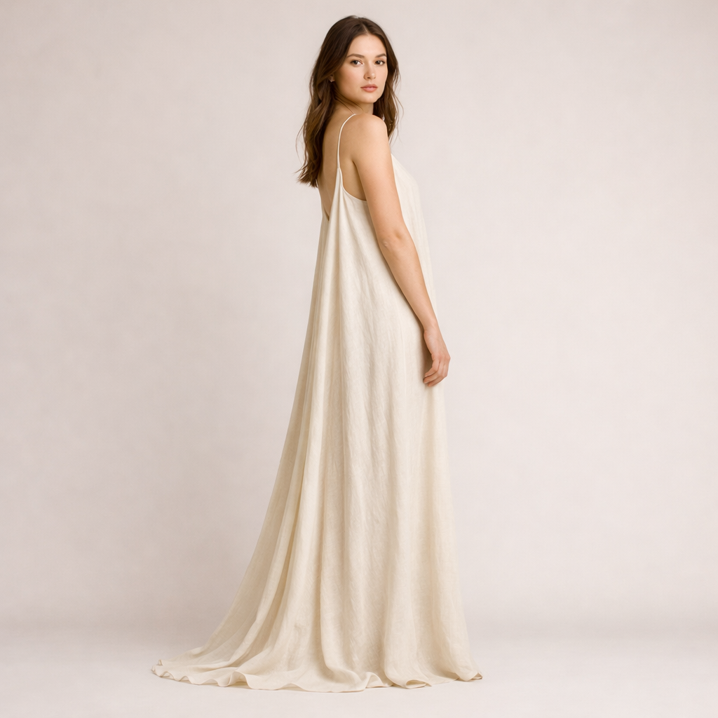 Cremefarbenes Maxi-Trägerkleid aus fließendem Leinen mit Wasserfallausschnitt