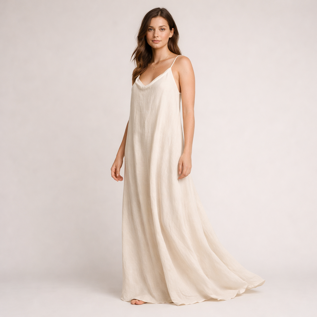 Cremefarbenes Maxi-Trägerkleid aus fließendem Leinen mit Wasserfallausschnitt