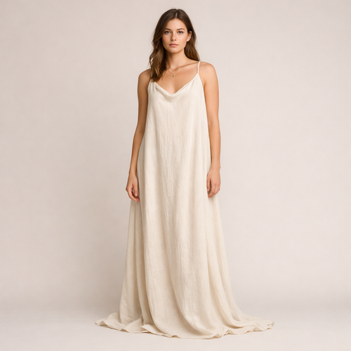 Cremefarbenes Maxi-Trägerkleid aus fließendem Leinen mit Wasserfallausschnitt