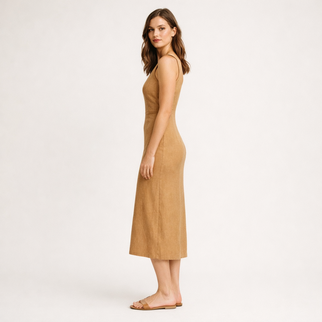 Figurbetontes Leinenkleid in Bronze mit rundem Ausschnitt und ärmellosem Schnitt