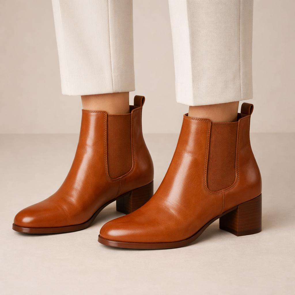 Damen Chelsea-Boots in Cognac aus glattem Leder mit Blockabsatz